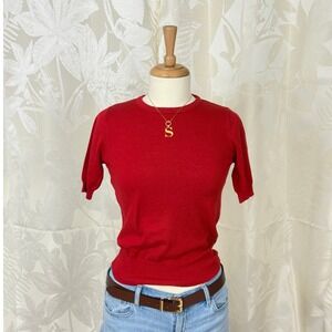Yemak Red Knit Short Sleeve Sweater Top Women Size M